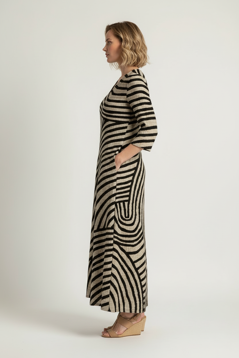 Vintage Striped Dress with V Neckline and Flowing Silhouette