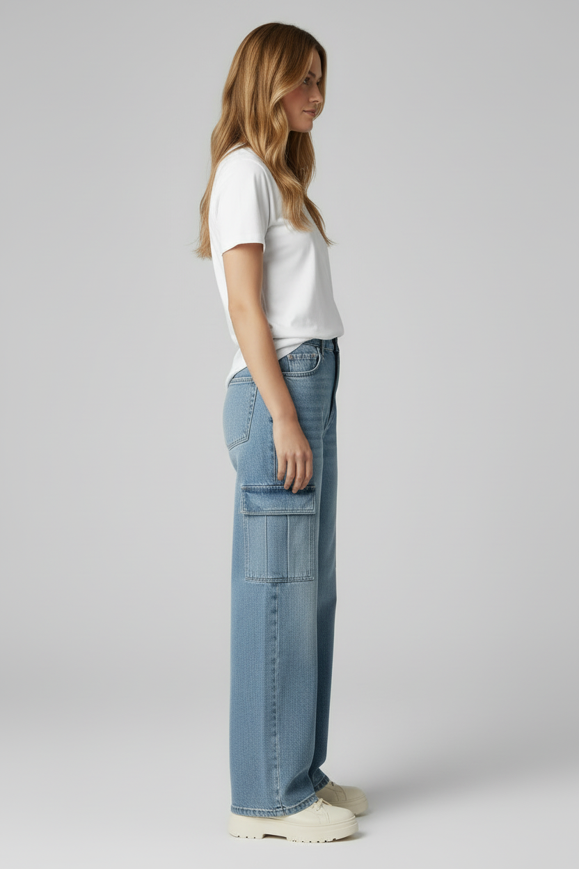 Cargo Style Womens Jeans with Flap Pockets and Straight Legs