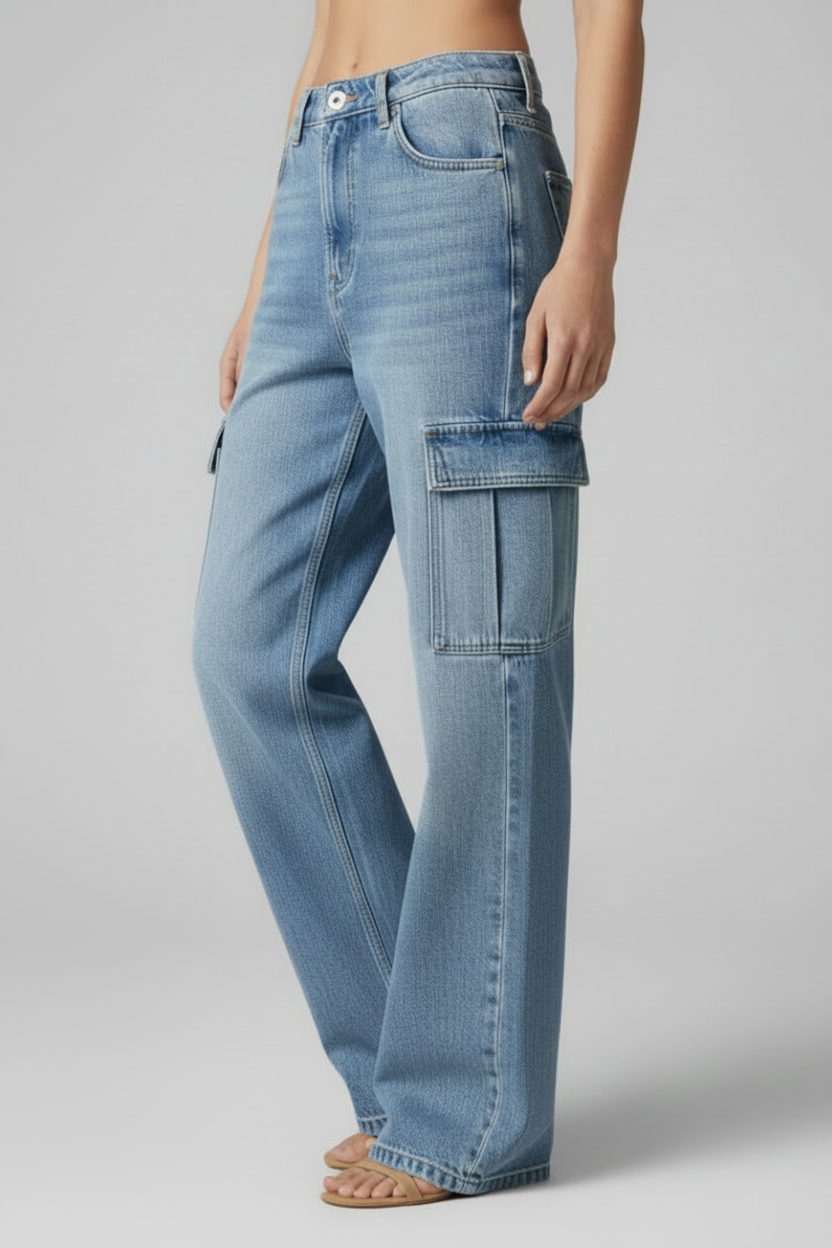 Cargo Style Womens Jeans with Flap Pockets and Straight Legs