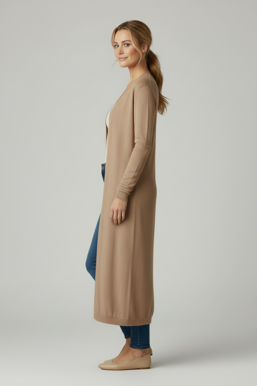Long Open Cardigan with Straight Knit Silhouette