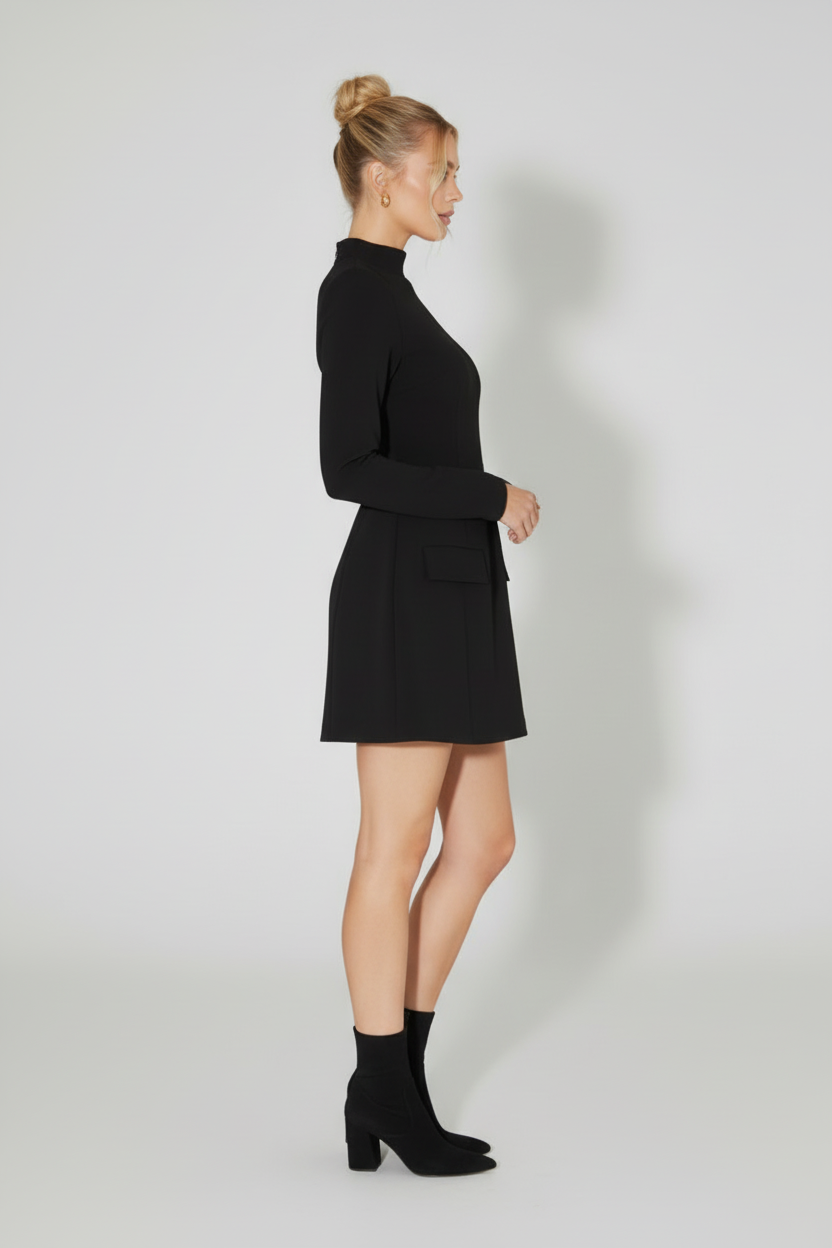 Stand Collar Mini Dress with Long Sleeves