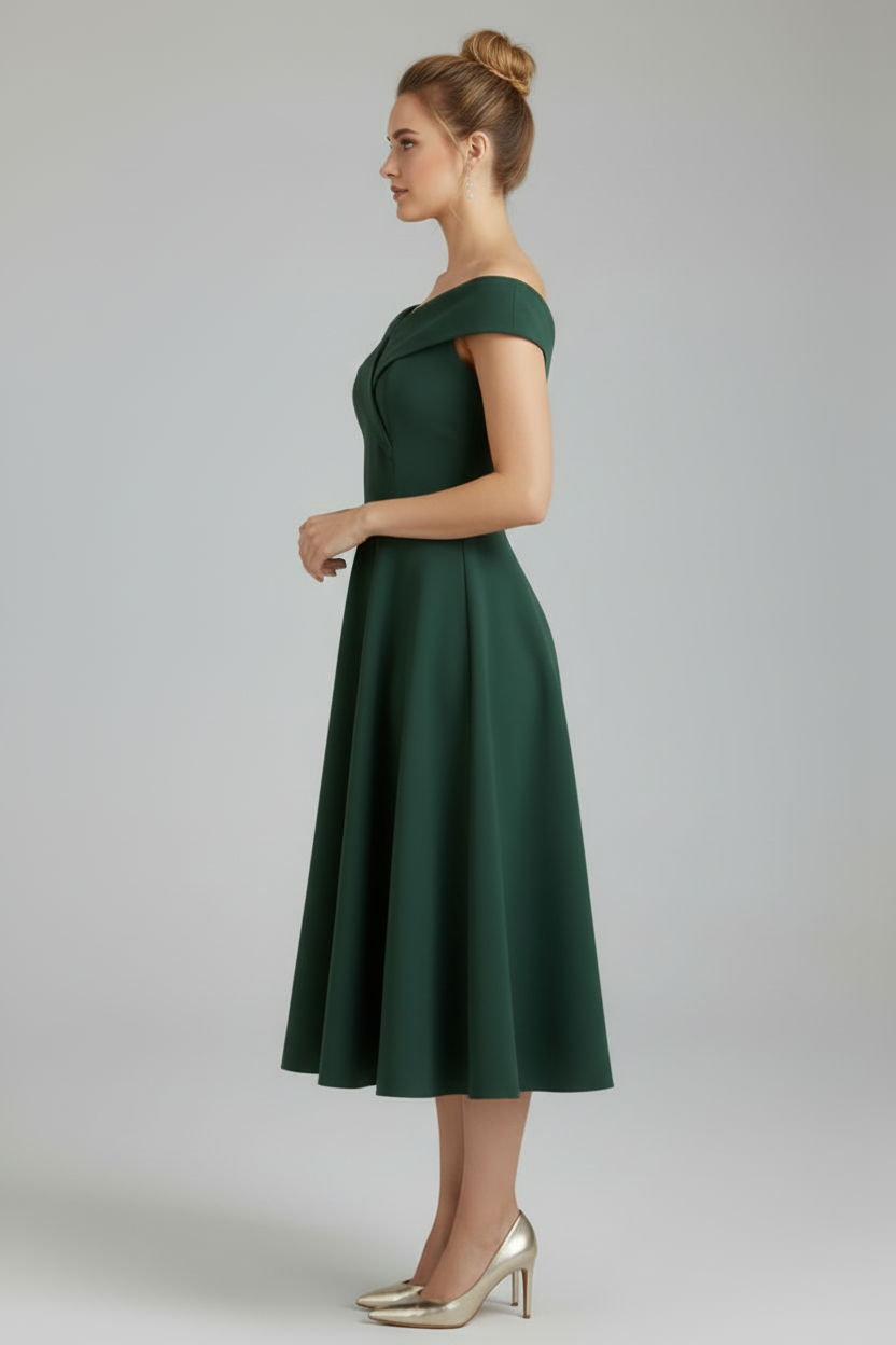 Off Shoulder Midi Dress with Shaped Bodice and Flared Skirt