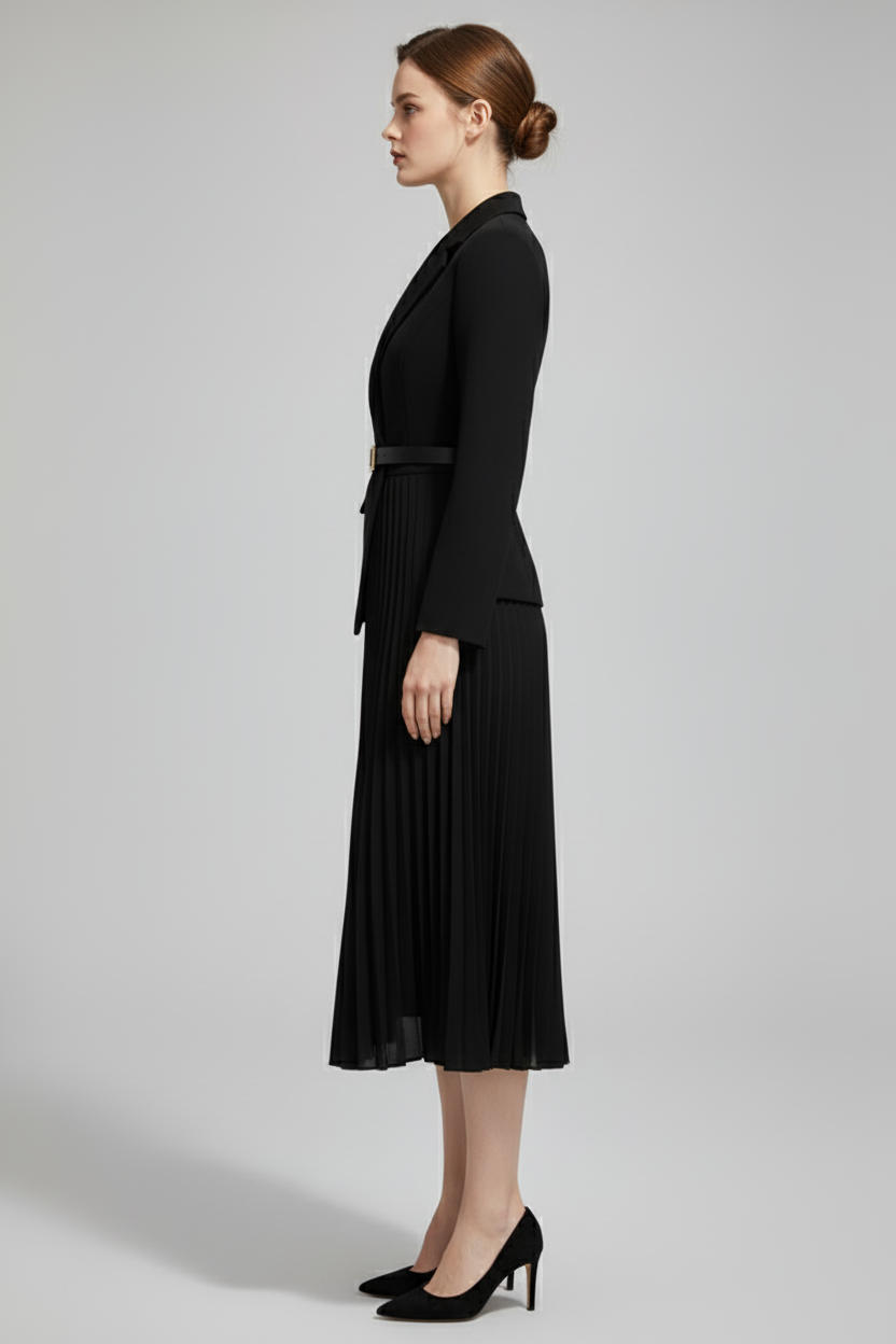 Belted Blazer Dress with Pleated Skirt Detail