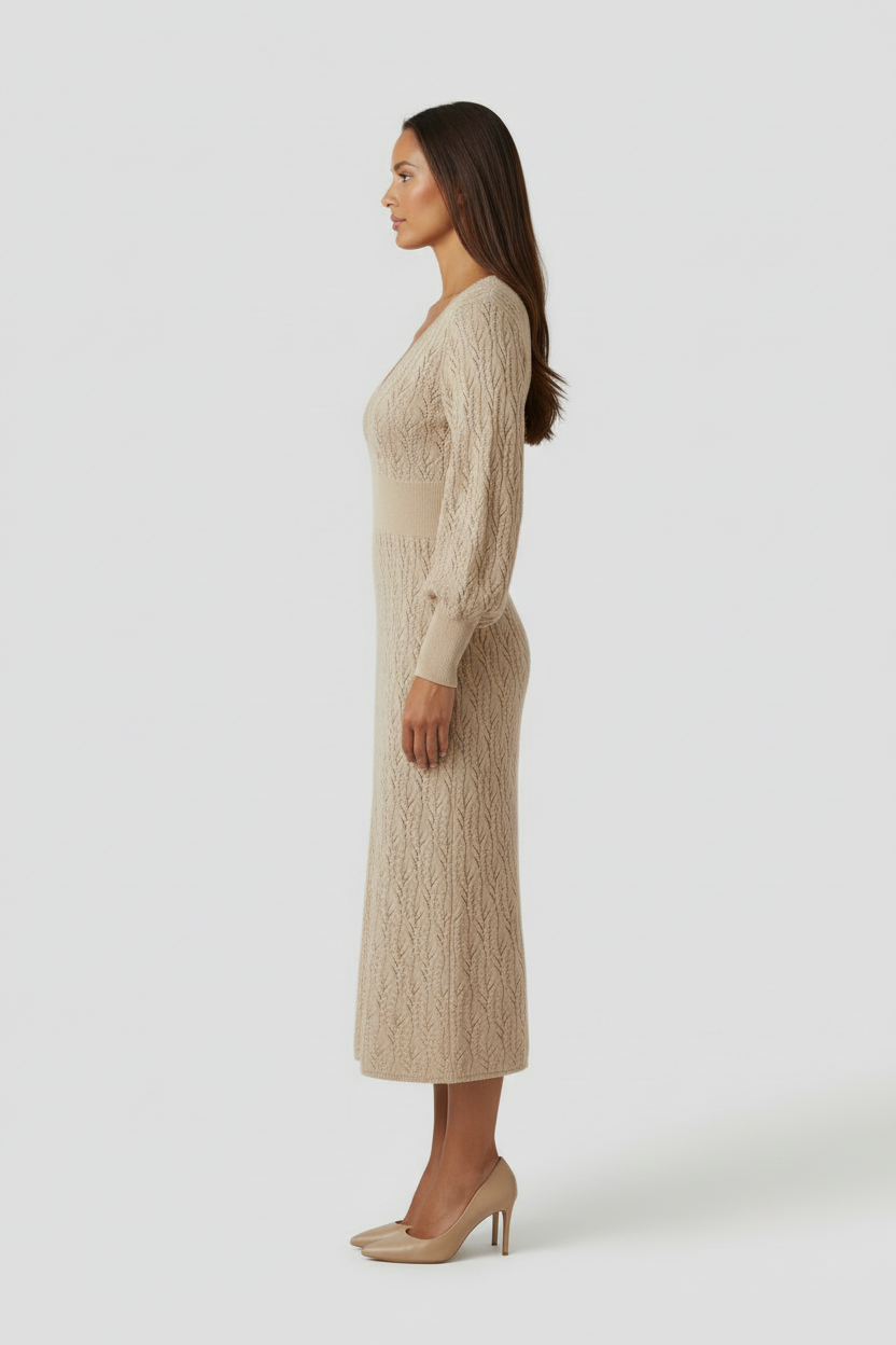 Textured Knit Midi Dress with V Neck and Long Sleeves