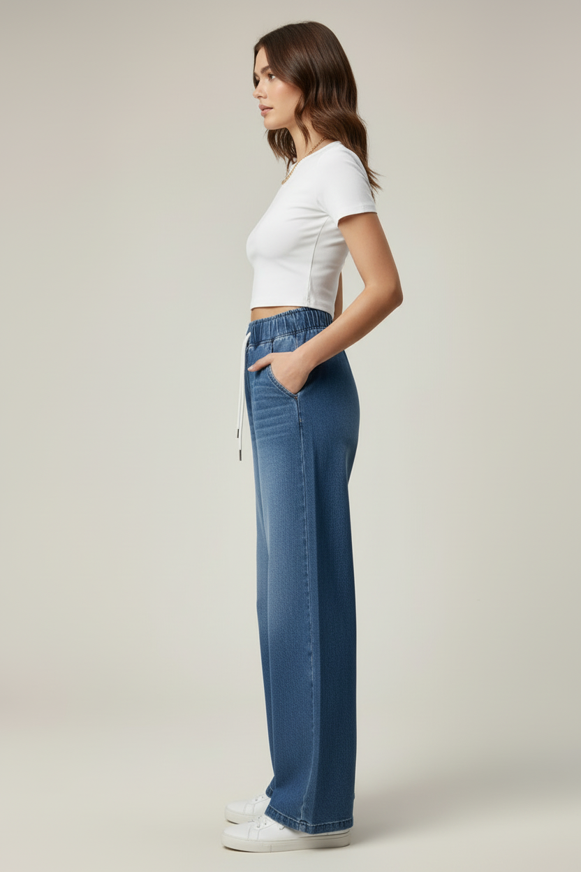 High Waist Womens Wide Leg Trousers with Elastic Waist and Piping Detail