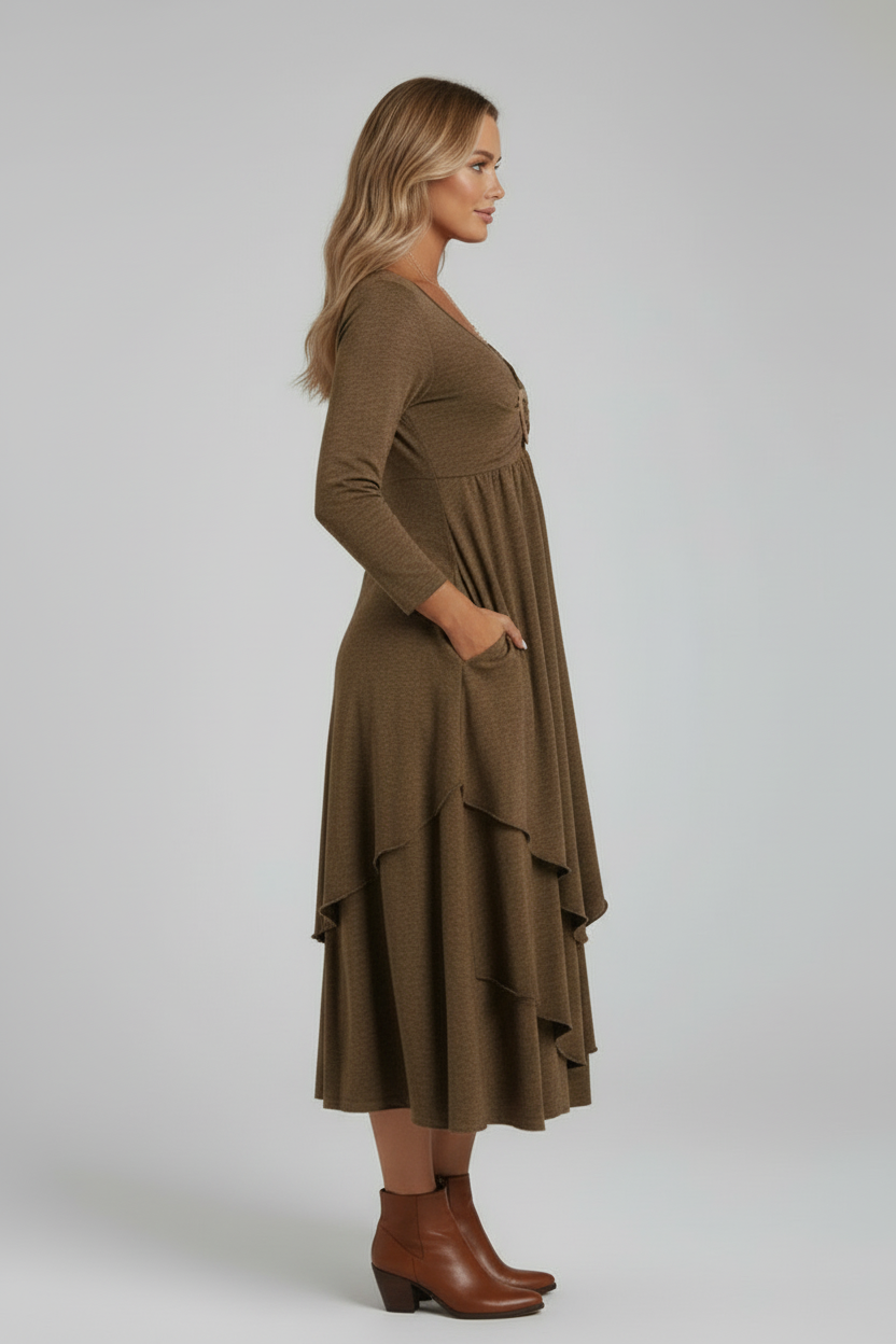 Tiered Midi Dress with Long Sleeves and Heart Detail