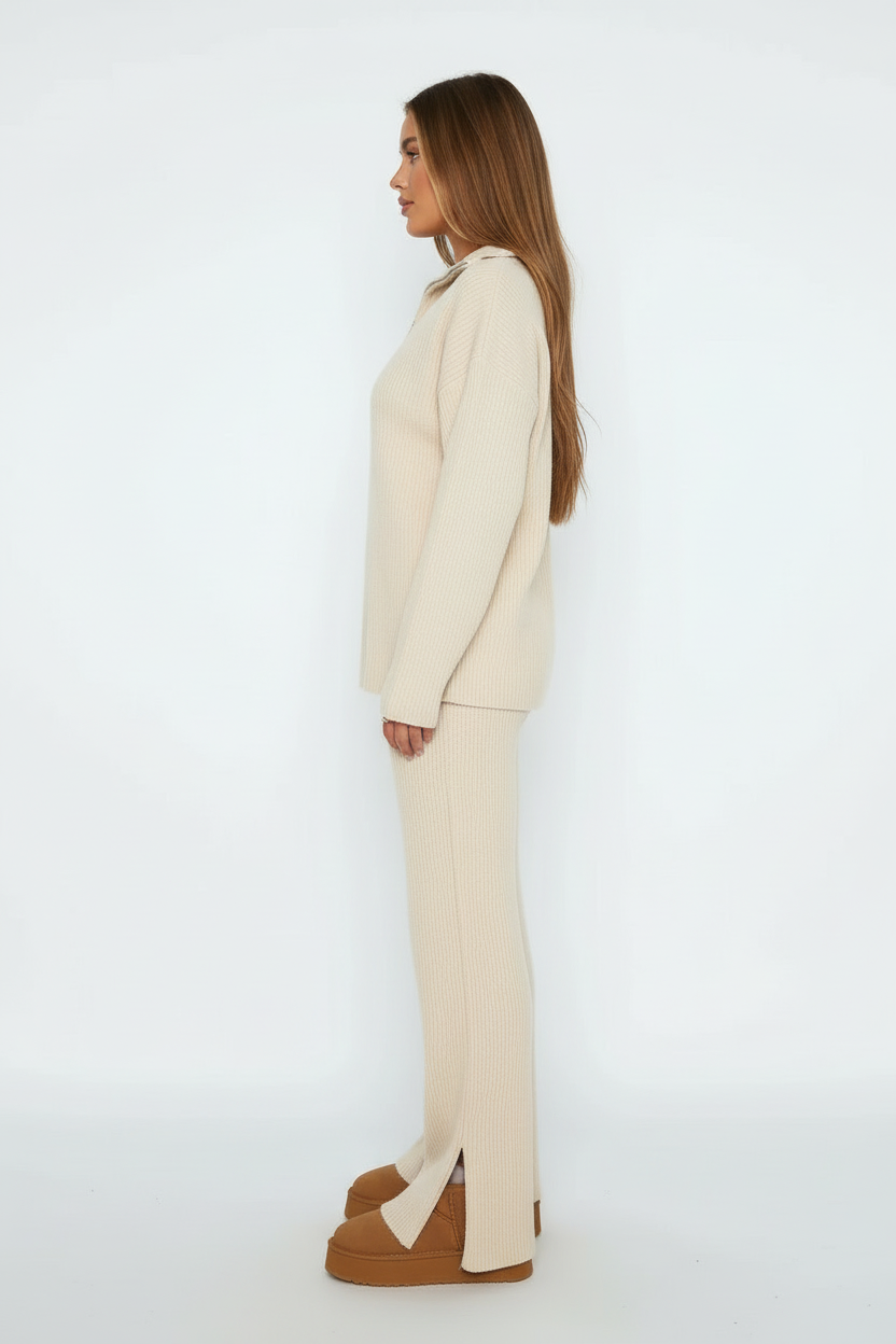 Ribbed Lounge Co Ord Set with Half Zip Top and Flared Trousers