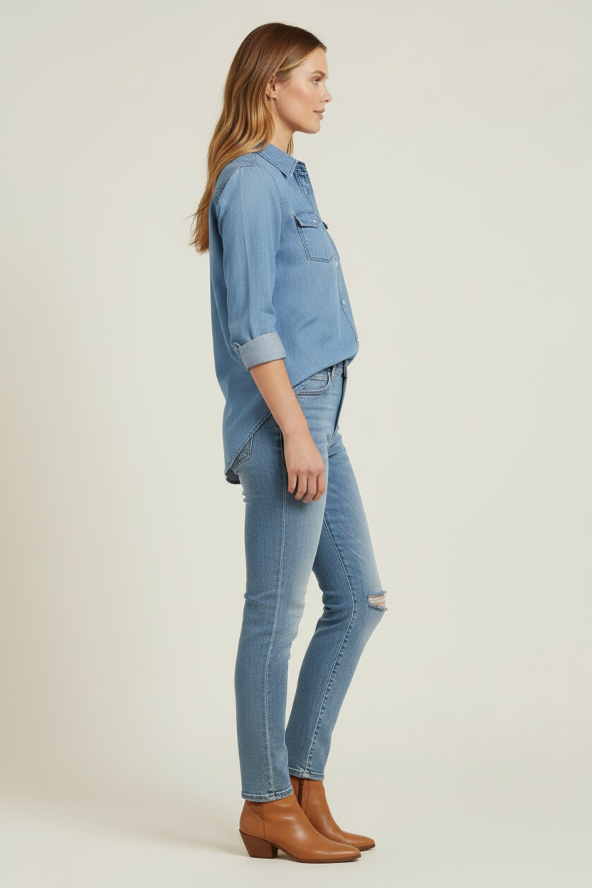 Denim Button Shirt with Chest Pockets and Curved Hem