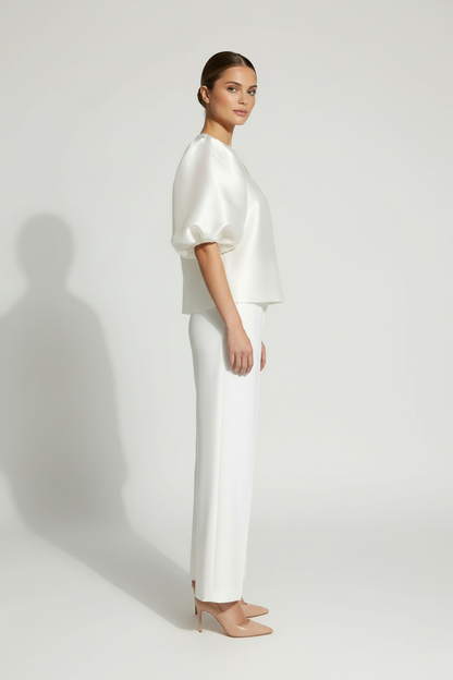 Satin Blouse with Puff Sleeves and Clean Neckline