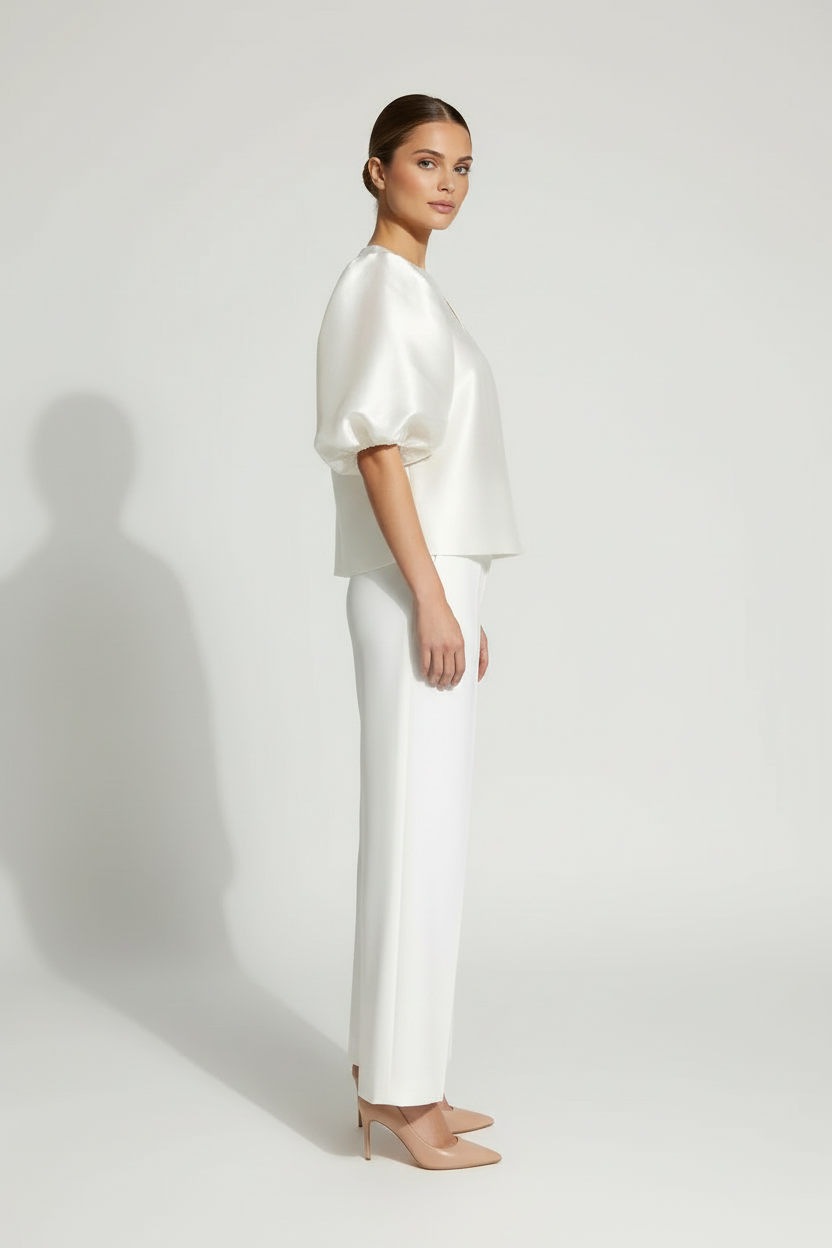 Satin Blouse with Puff Sleeves and Clean Neckline
