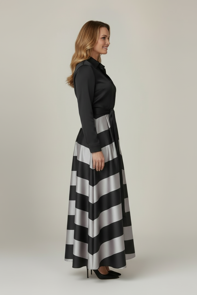 Striped Maxi Dress with Shirt Collar and Belted Waist