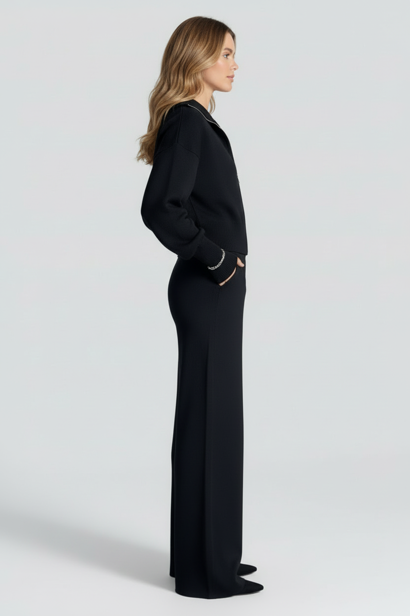 Zip Front Knit Two Piece Set with Stand Collar