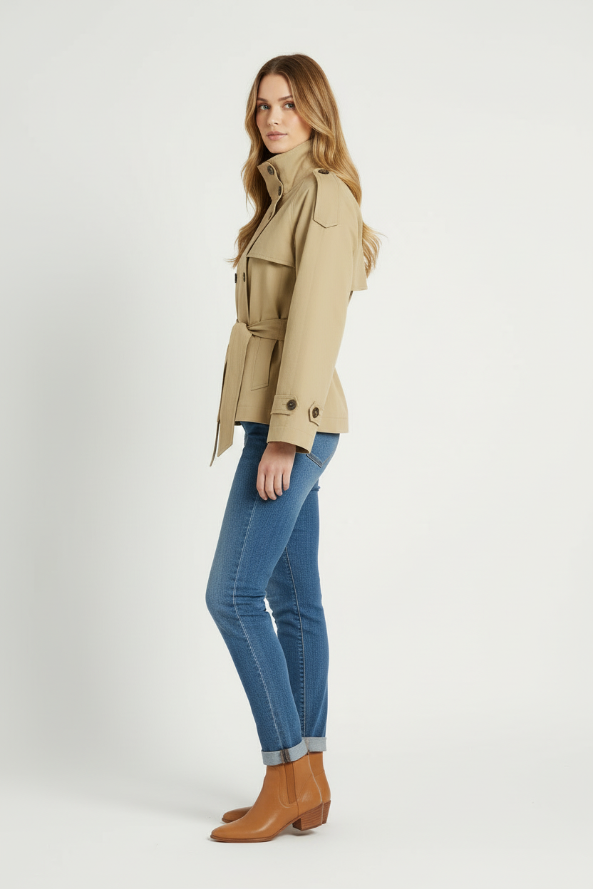 Cropped Trench Coat with High Neck and Belted Waist