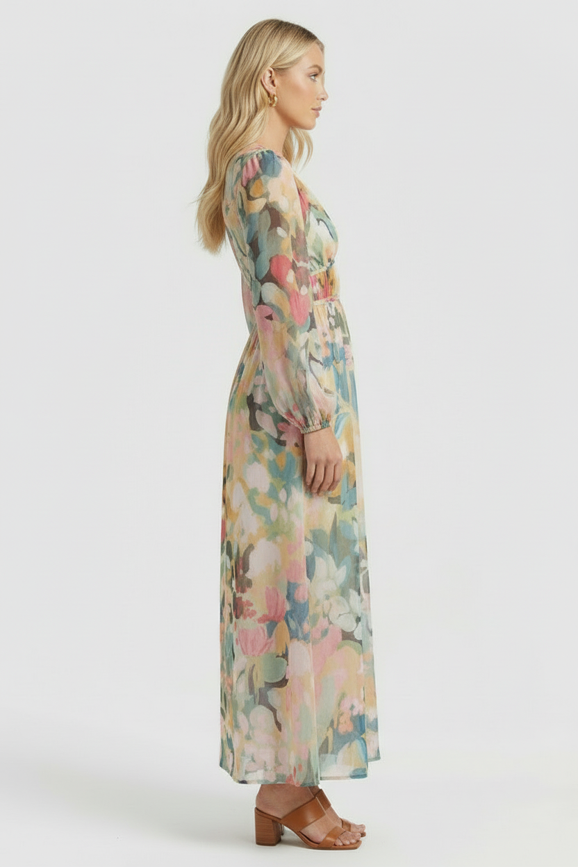 Women’s Floral Maxi Dress with V-Neck and Long Sleeves