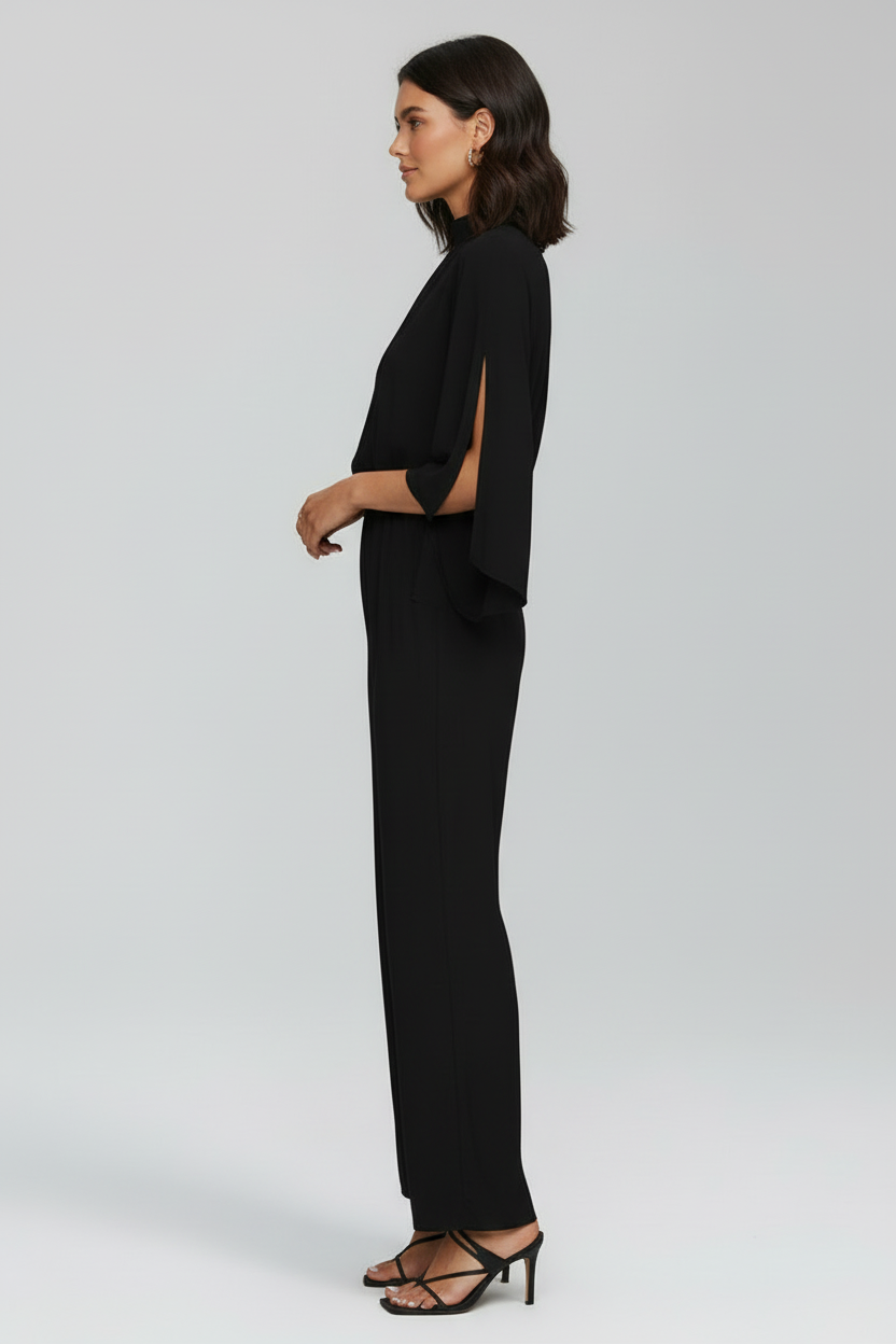 Wide Leg Jumpsuit with Stand Collar and Three Quarter Sleeves