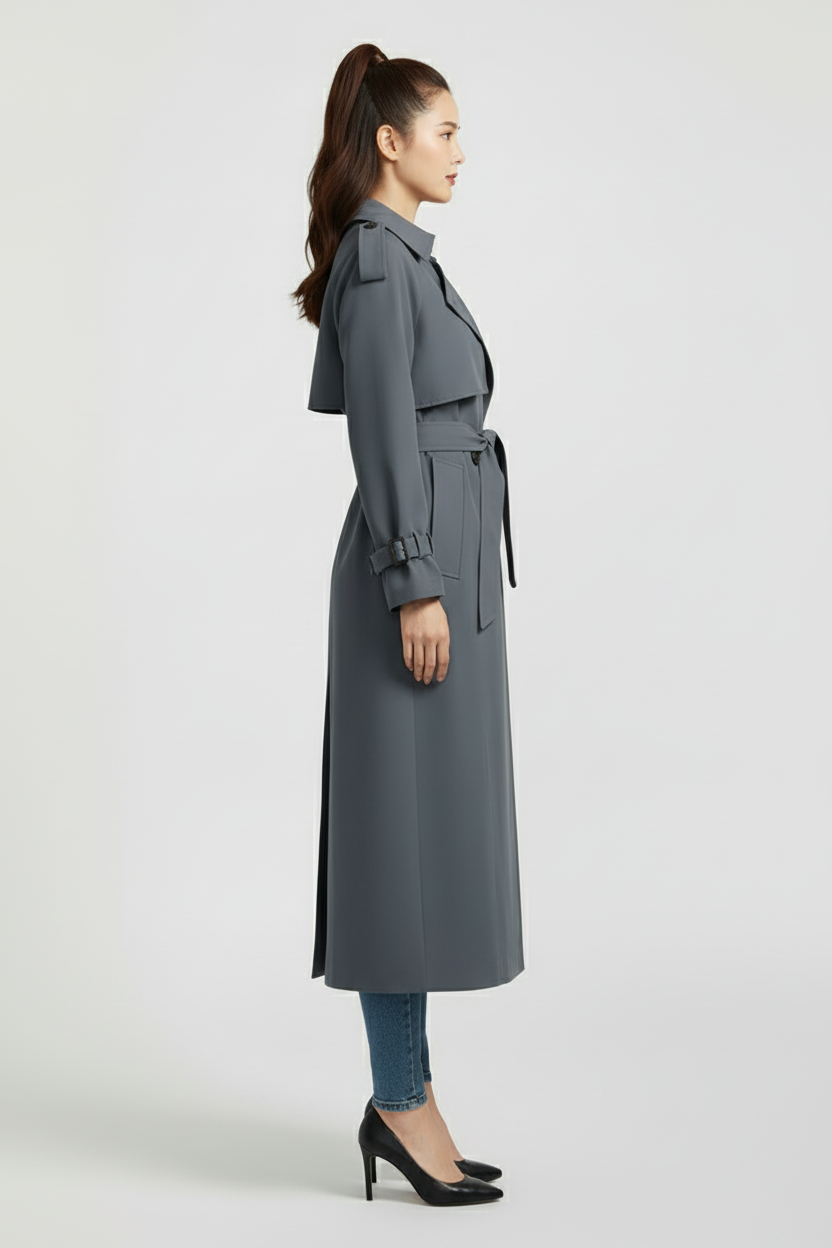 Ankle Length Womens Trench Coat with Wide Collar and Double Button Front