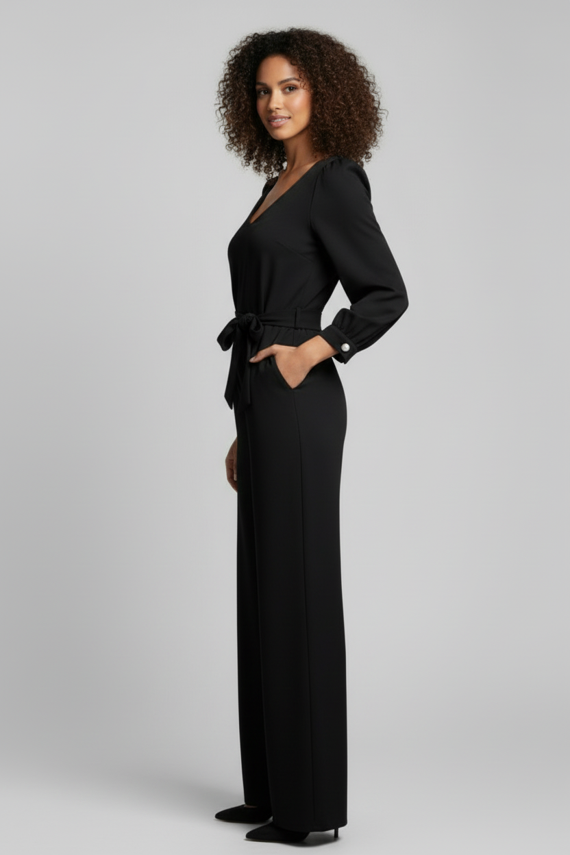 Wide Leg Jumpsuit with V Neckline and Long Sleeves