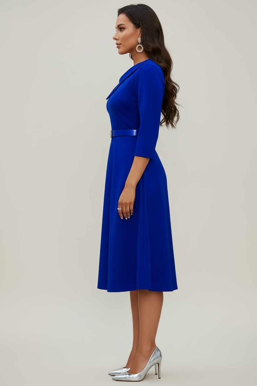 Midi Womens Dress with Asymmetrical Neckline and Belted Waist