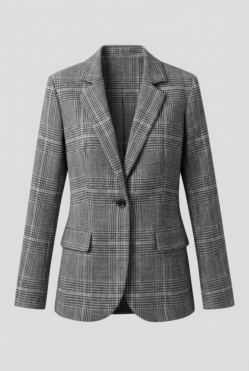 Checked Womens Blazer with Structured Shape and Button Front