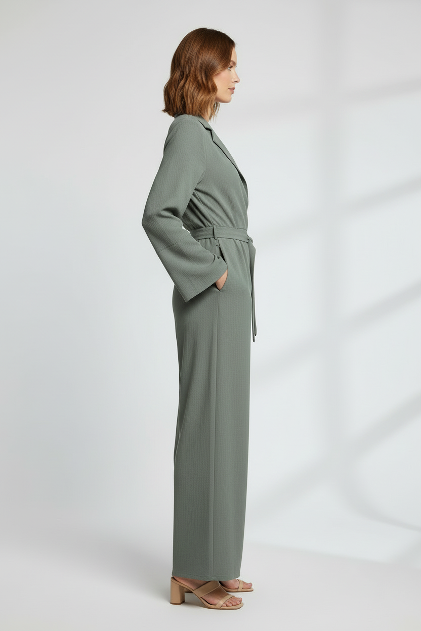 Wide Leg Jumpsuit with V Neckline and Integrated Waist Belt