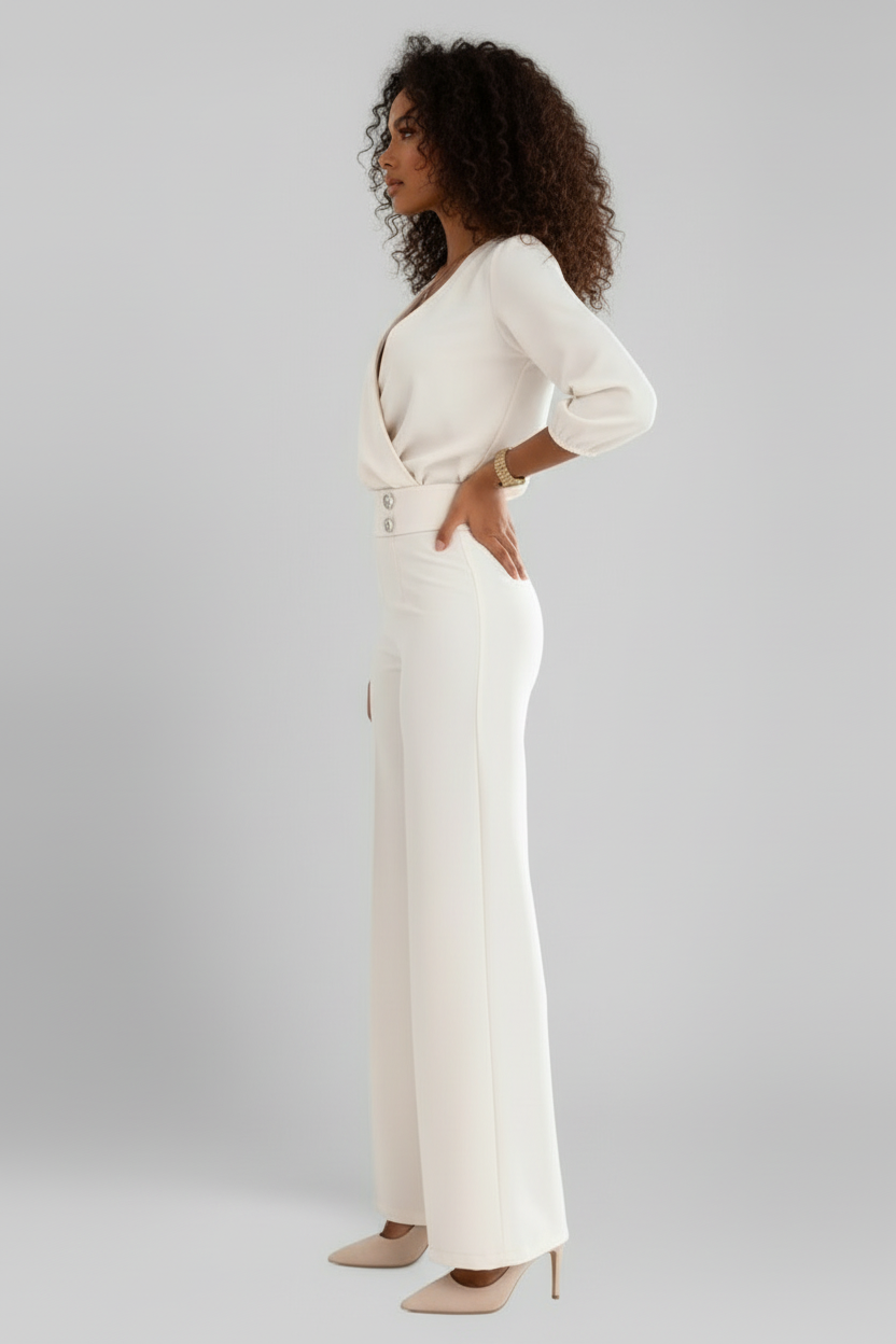 Long Sleeve Wide Leg Jumpsuit with V Neckline and Button Detail
