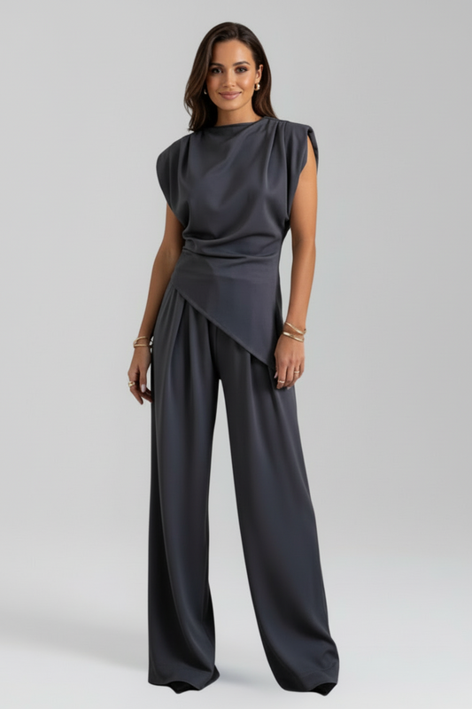 Asymmetric Neckline Wide Leg Jumpsuit with Fitted Waist