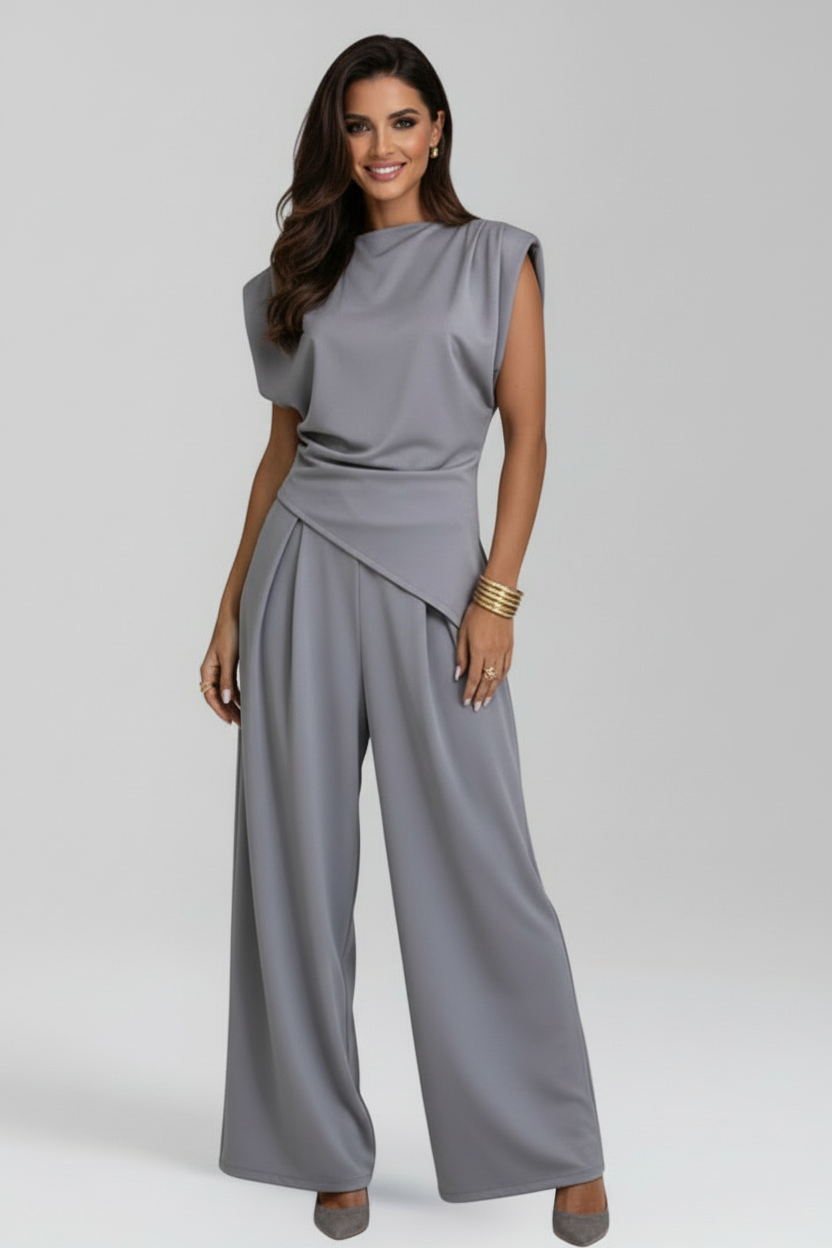 Asymmetric Neckline Wide Leg Jumpsuit with Fitted Waist