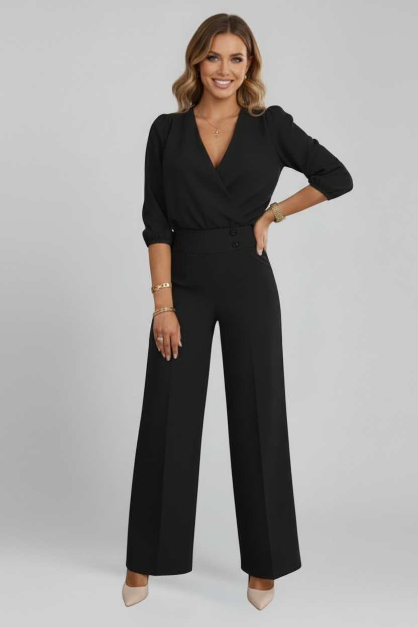 Long Sleeve Wide Leg Jumpsuit with V Neckline and Button Detail