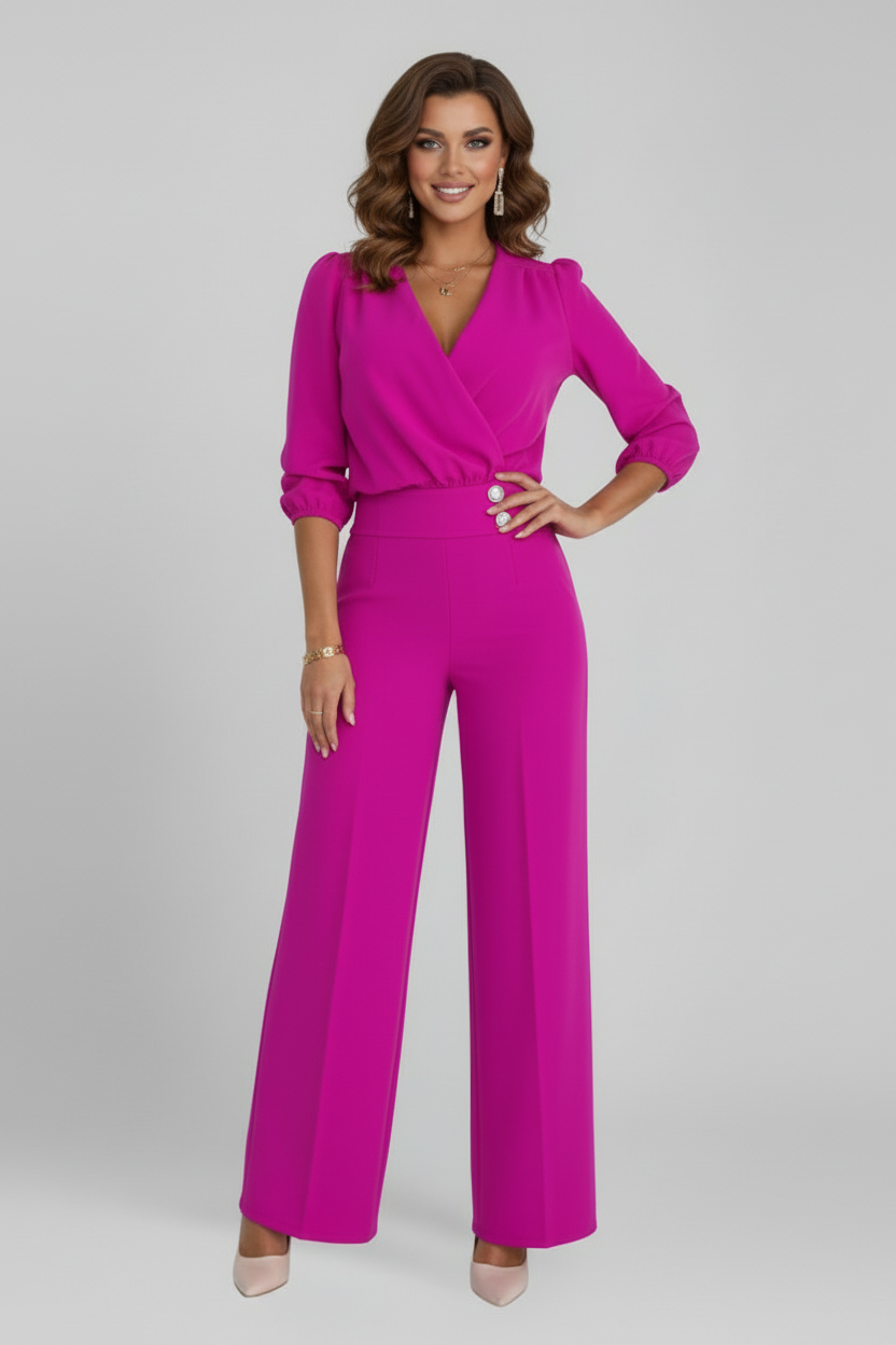 Long Sleeve Wide Leg Jumpsuit with V Neckline and Button Detail