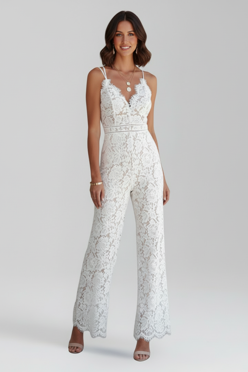 Sleeveless V Neck Jumpsuit with Lace Surface Detailing