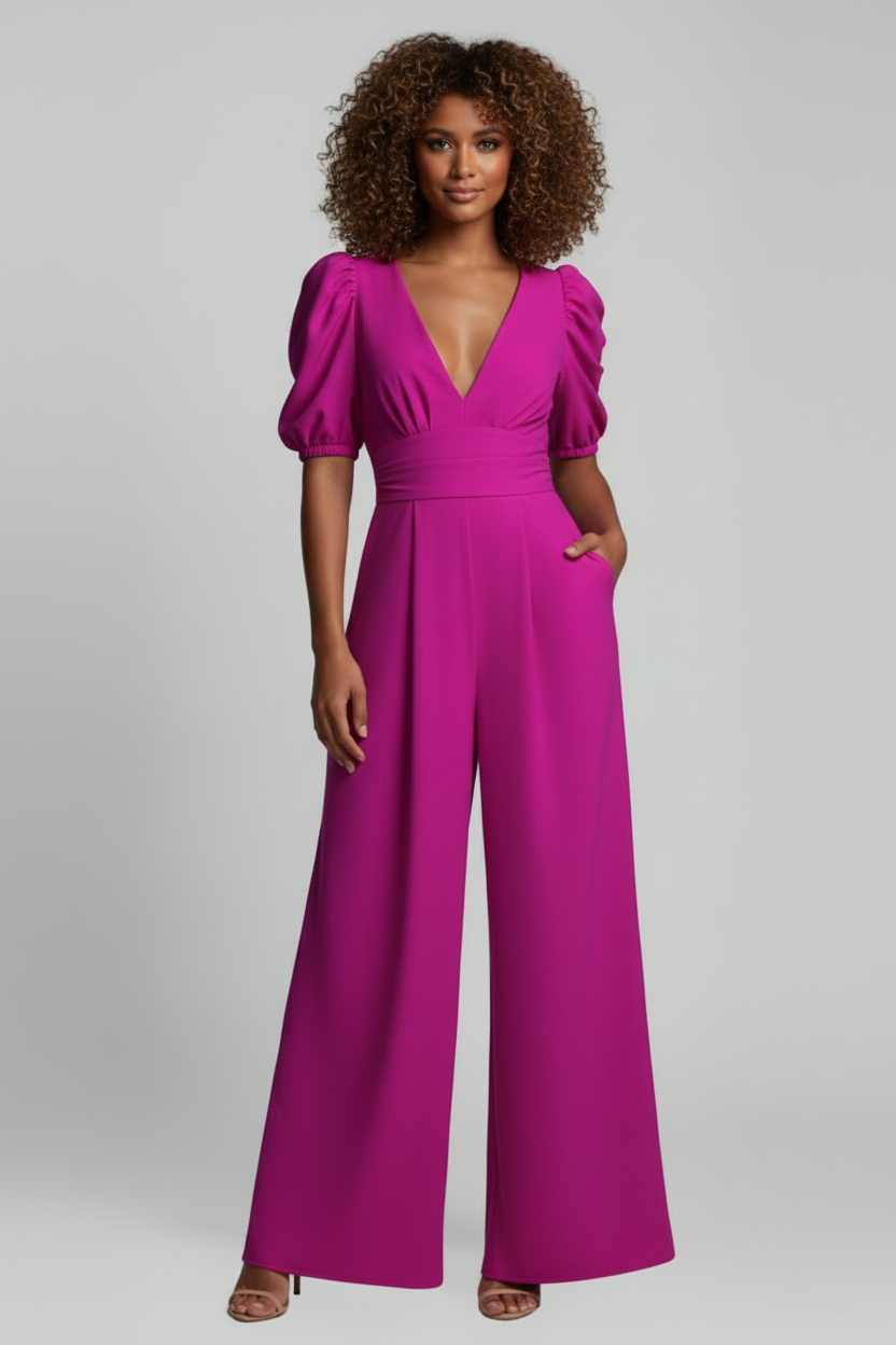 Wide Leg Jumpsuit with V Neckline and Puff Sleeves