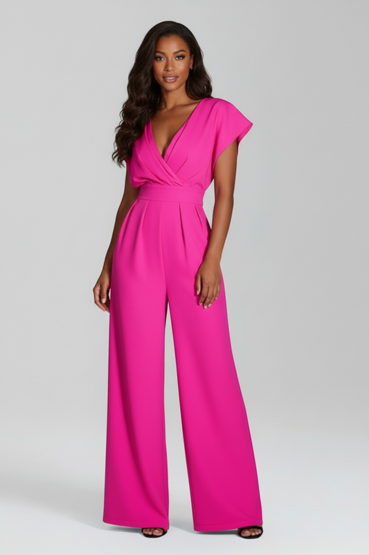Wide Leg Jumpsuit with V Neckline and Short Sleeves