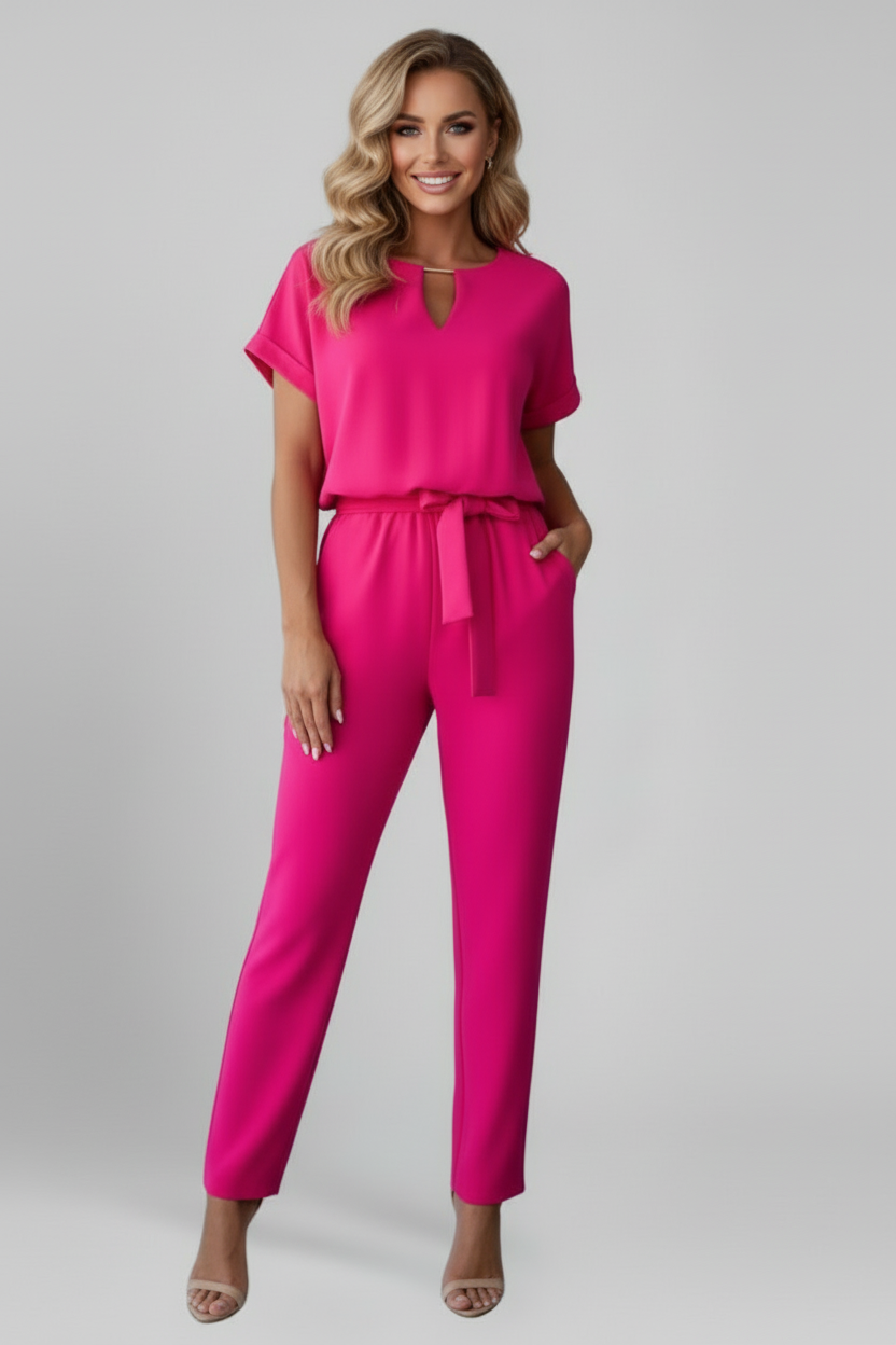 Short Sleeve Jumpsuit with V Neckline and Waist Tie