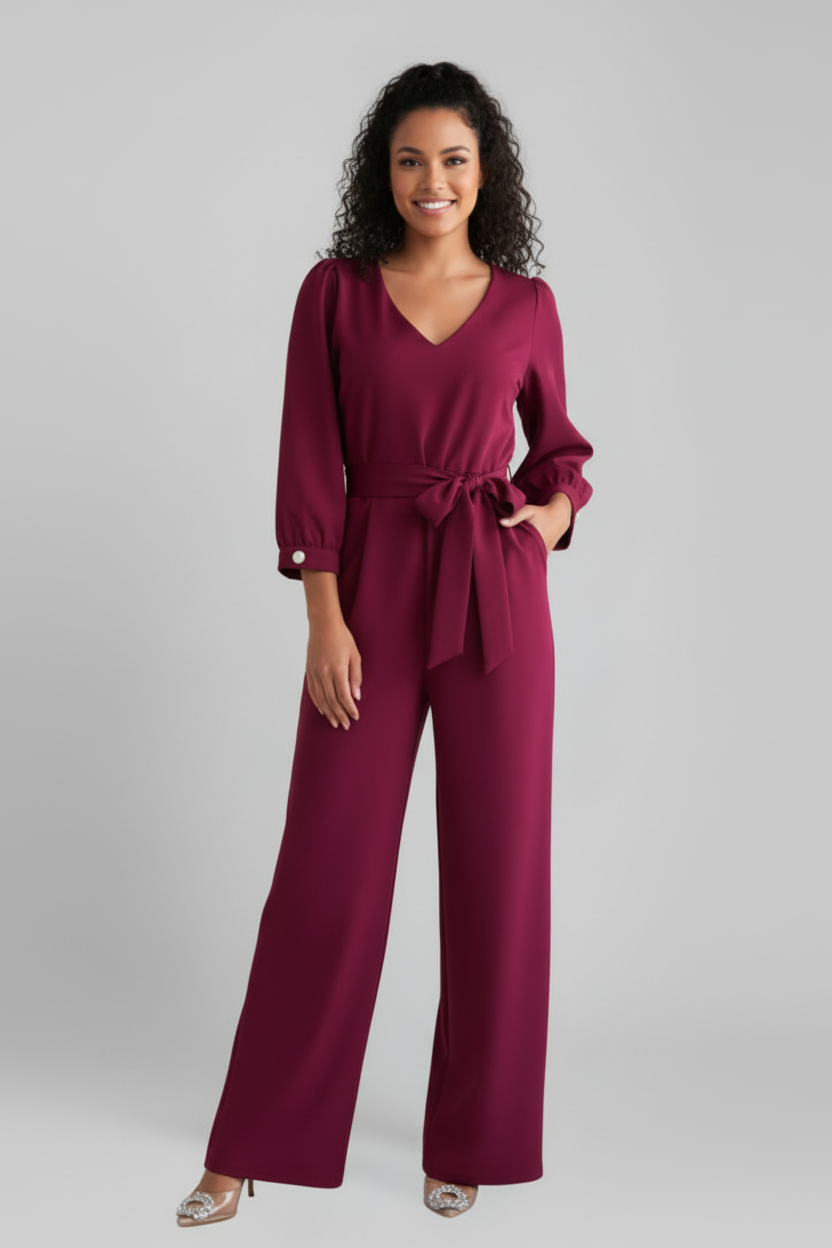 Wide Leg Jumpsuit with V Neckline and Long Sleeves