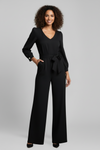 Wide Leg Jumpsuit with V Neckline and Long Sleeves
