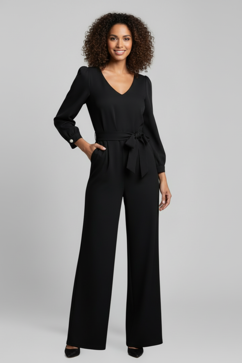 Wide Leg Jumpsuit with V Neckline and Long Sleeves