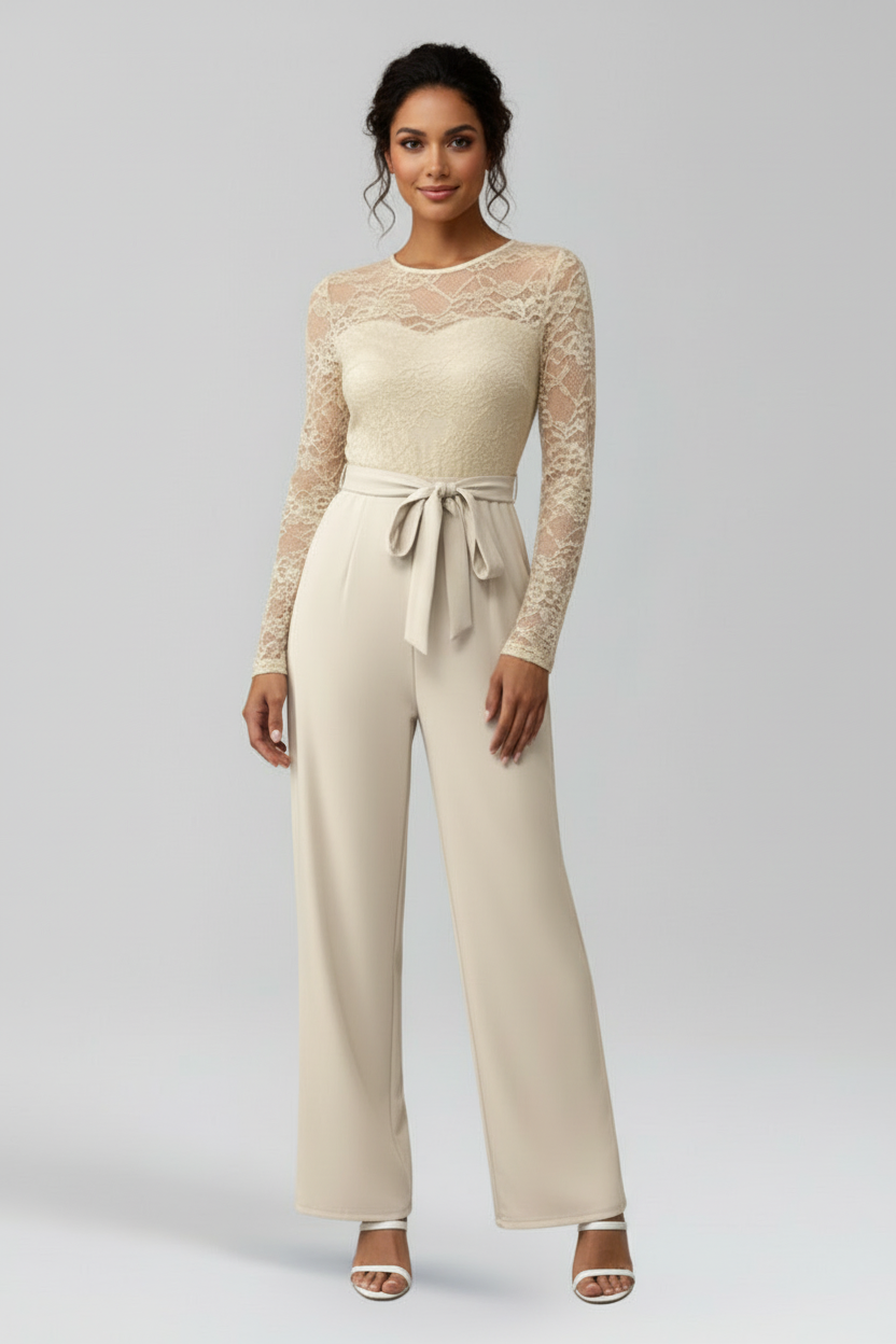 Wide Leg Jumpsuit with Lace Long Sleeves and Tied Waist Belt