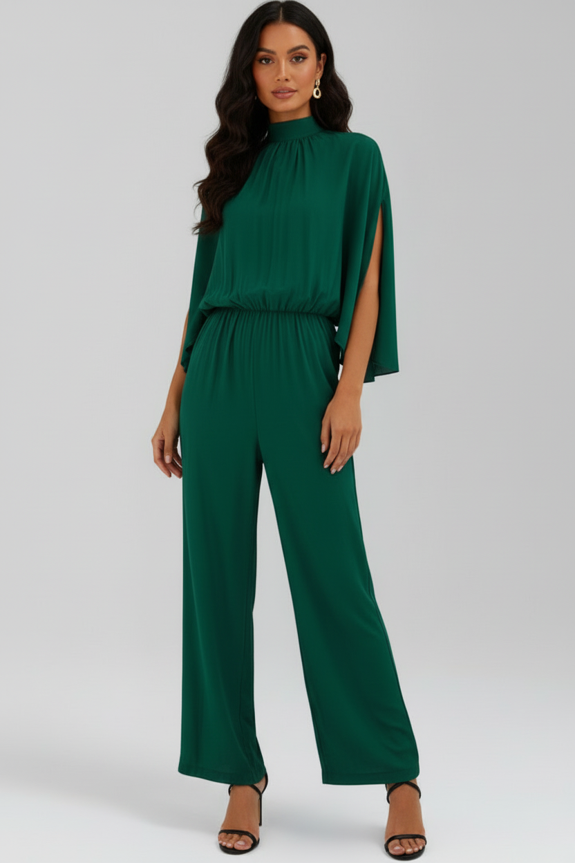 Wide Leg Jumpsuit with Stand Collar and Three Quarter Sleeves
