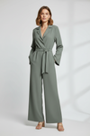 Wide Leg Jumpsuit with V Neckline and Integrated Waist Belt
