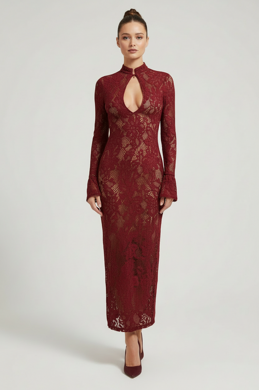 Floral Lace Dress with Bell Sleeves and Keyhole Detail