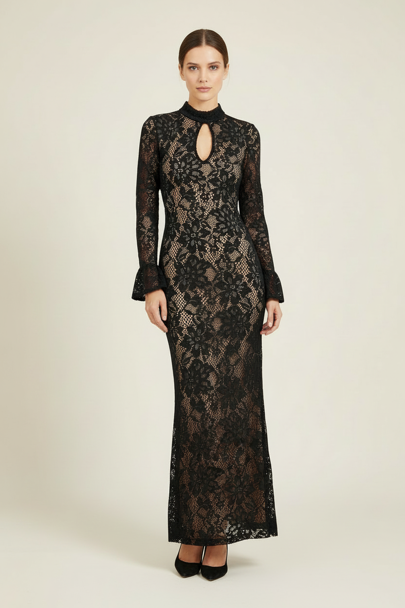 Floral Lace Dress with Bell Sleeves and Keyhole Detail