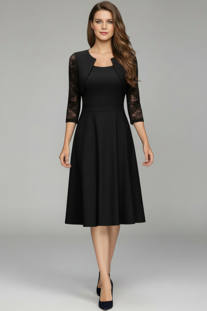 Flared Midi Dress with Lace Sleeves and Round Neck