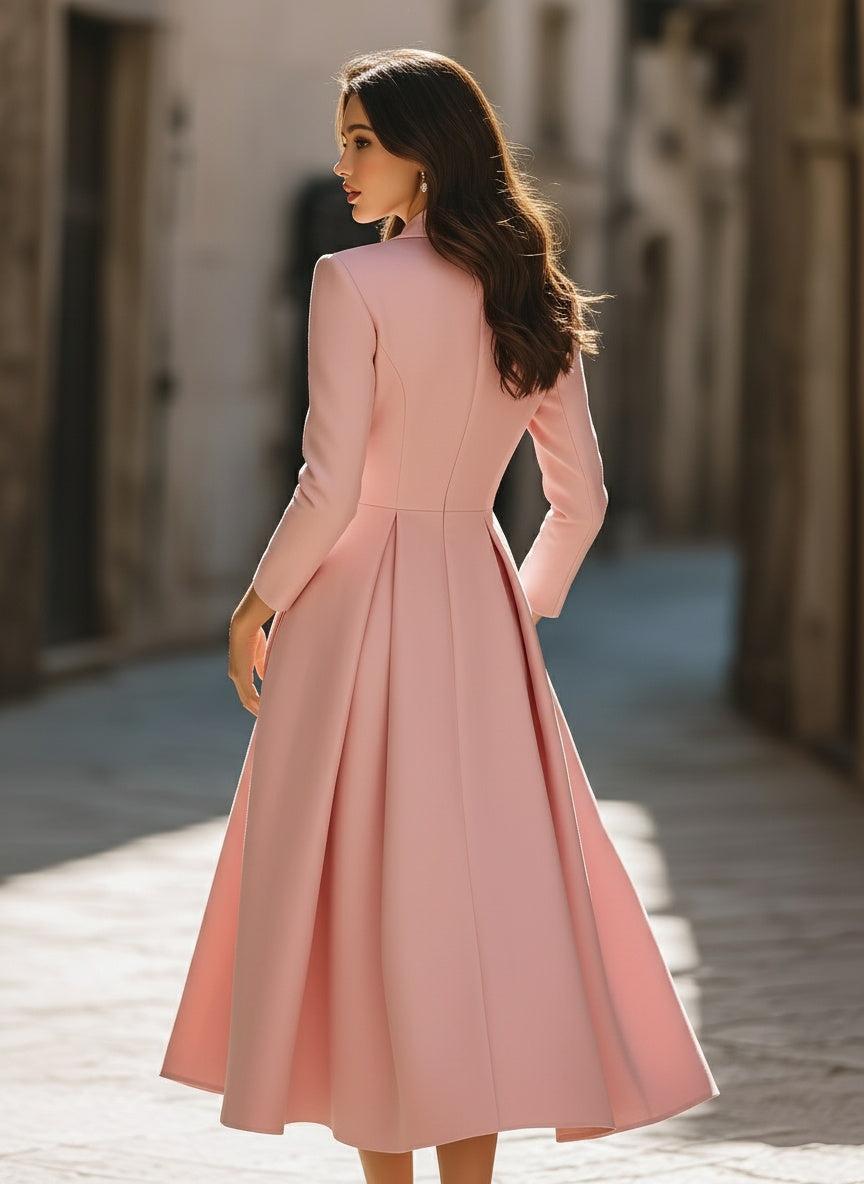 Pleated Blazer Midi Dress With Notched Collar
