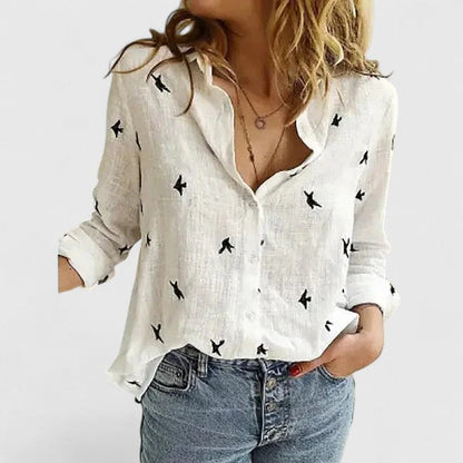 Lapel Collar Long Sleeve Button-Down Blouse