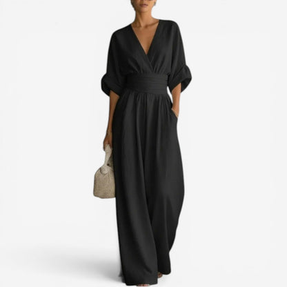 Wide Sleeve V Neck Jumpsuit With Cinched W