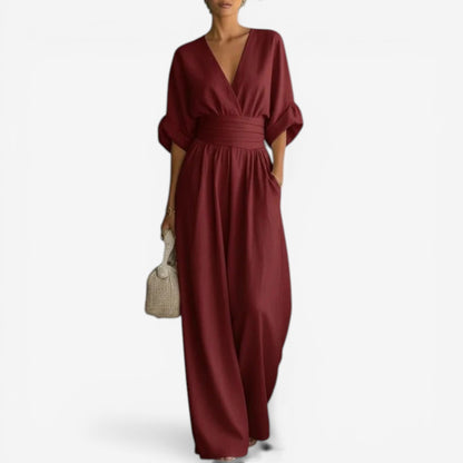 Wide Sleeve V Neck Jumpsuit With Cinched W