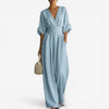 Wide Sleeve V Neck Jumpsuit With Cinched W