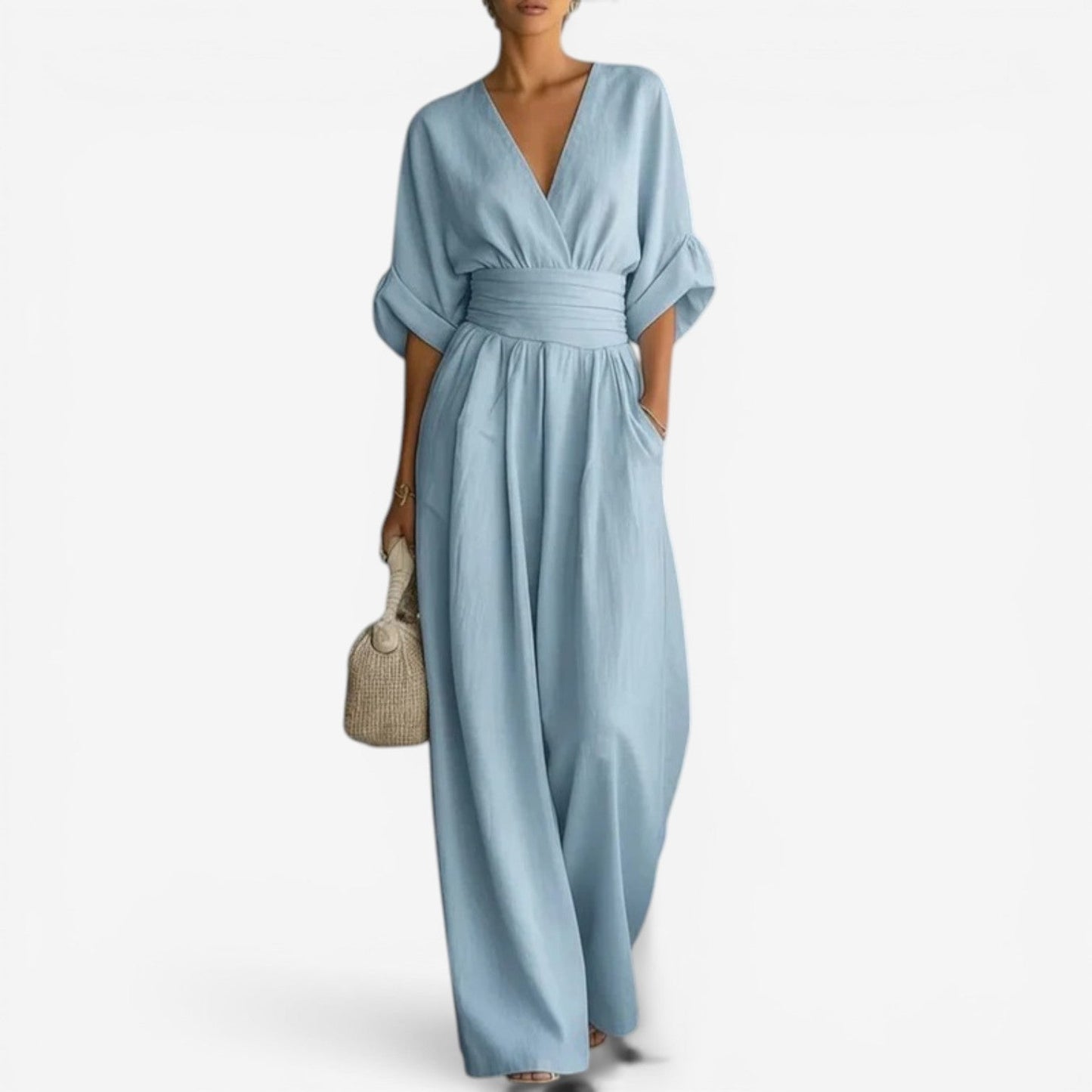 Wide Sleeve V Neck Jumpsuit With Cinched W