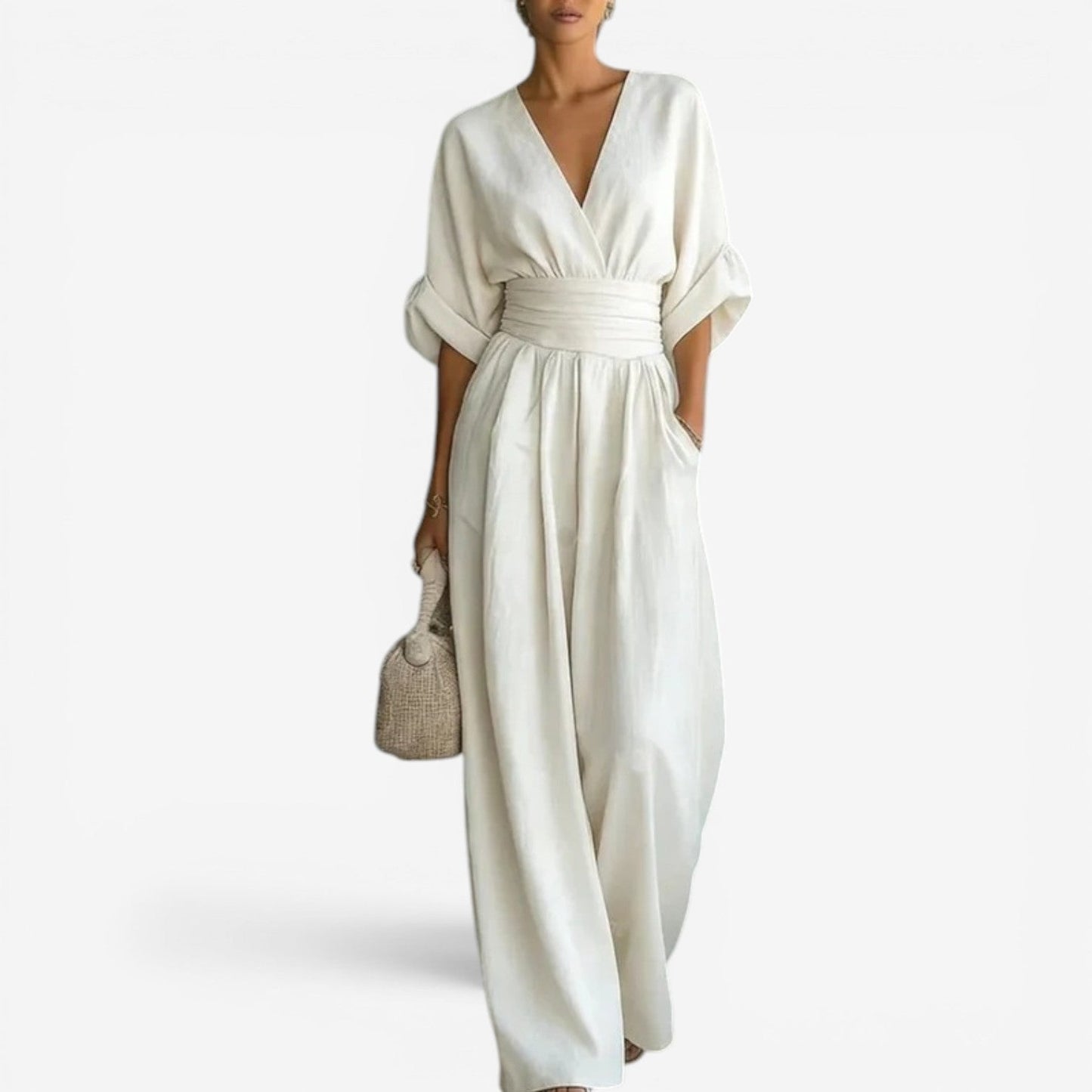 Wide Sleeve V Neck Jumpsuit With Cinched W