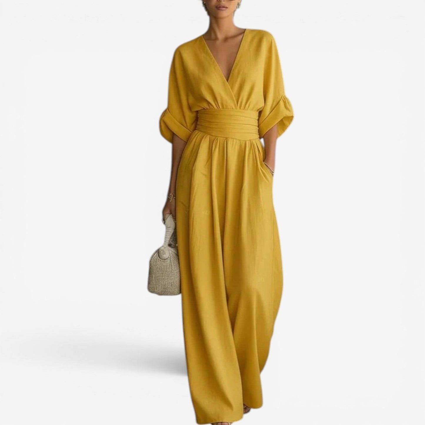 Wide Sleeve V Neck Jumpsuit With Cinched W